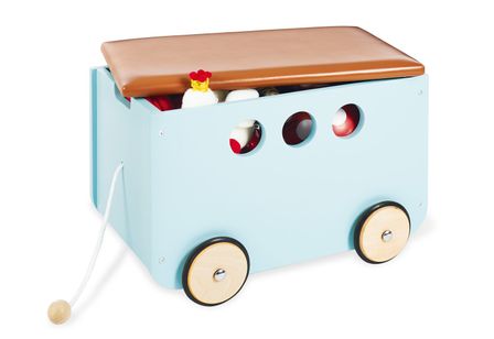 Coffre à jouets bois laqué vert et simili-cuir marron Jim