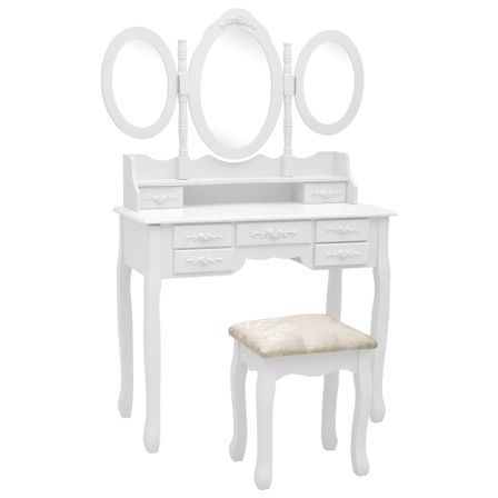 Coiffeuse avec tabouret et miroir pliable en 3 Blanc