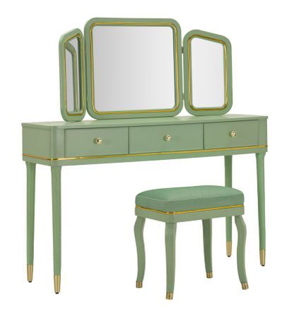 Coiffeuse Camille vert sauge avec miroir et tabouret