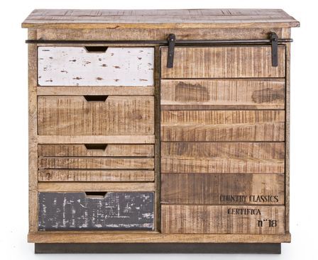 Commode 1 porte coulissante 4 tiroirs TUDOR – bois massif de manguier – 90 x 35 cm