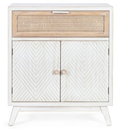 Commode 2 portes 1 tiroir bois de sapin blanc et rotin naturel Tika 65 cm