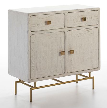 Commode 2 portes bois massif blanc et pieds métal doré