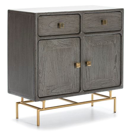 Commode 2 portes bois massif gris et pieds métal doré