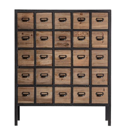 Commode 25 tiroirs orme massif foncé et pieds métal noir Rossi
