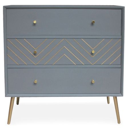 Commode 3 tiroirs bois massif gris et pieds métal doré Lumir