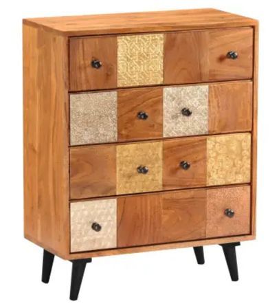 Commode 4 tiroirs acacia massif foncé et métal Belasoul