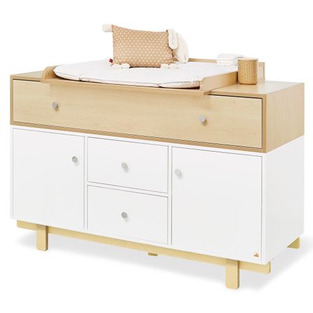 Commode à langer 3 tiroirs 2 portes blanc et bois clair Boks