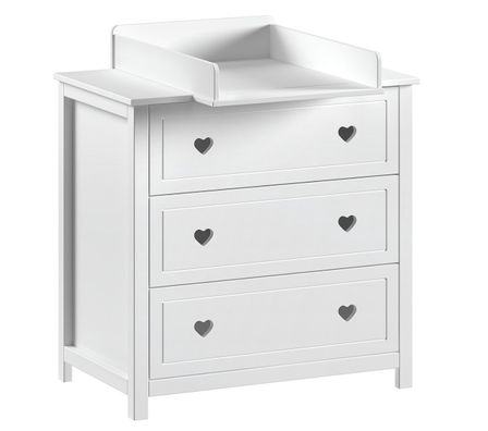Commode AMORI + plan à langer assorti – Blanc laqué, 3 tiroirs & bords sécurisés