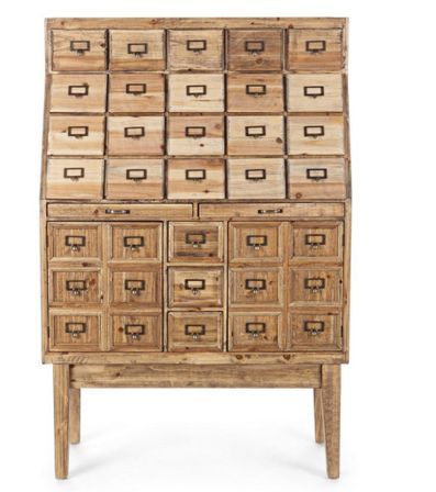 Commode en bois de pin naturel 25 tiroirs 2 portes Alane 90 cm
