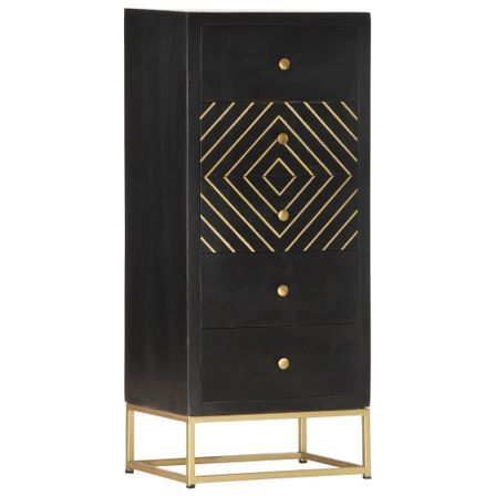 Commode haute 5 tiroirs bois de manguier noir et pieds metal doré Viza