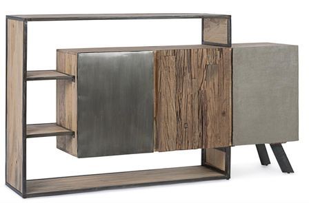 Commode industrielle MANCHESTER – 3 portes, bois de manguier & acier noir