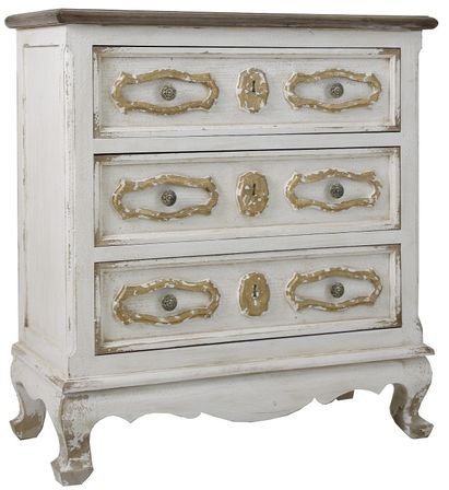 Commode shabby chic 3 tiroirs pin massif foncé et blanc Ian