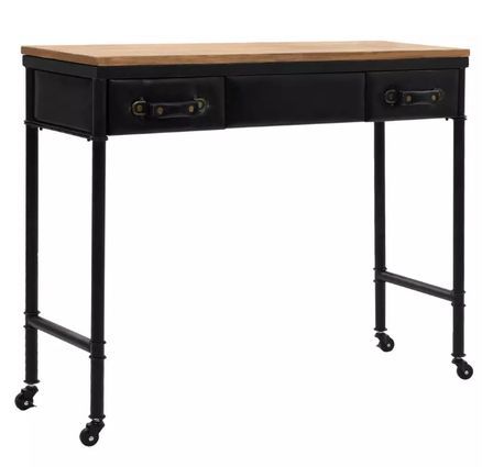 Console 2 tiroirs pin massif clair et simili cuir noir Léo