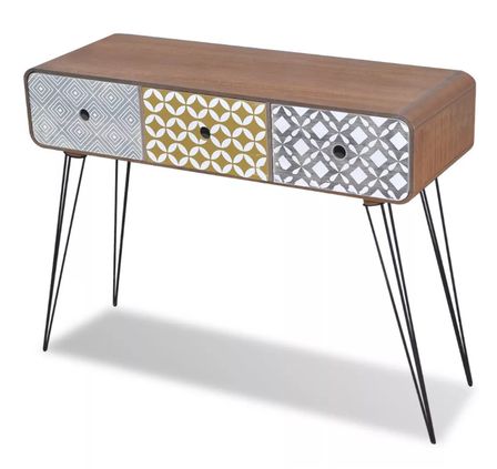 Console 3 tiroirs bois marron et pieds métal noir Chicca