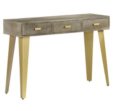 Console 3 tiroirs manguier massif gris et pieds métal doré Heintz