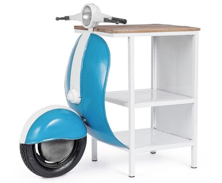 Console bar Vespa acier bleu et blanc mat avec étagere 104 cm