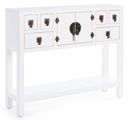 Console bois MDF blanc 2 portes 6 tiroirs Peno L 94.5 cm