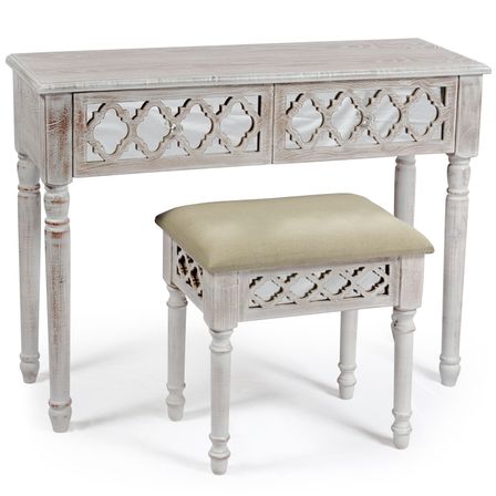 Console et pouf bois patiné et miroir Orienta