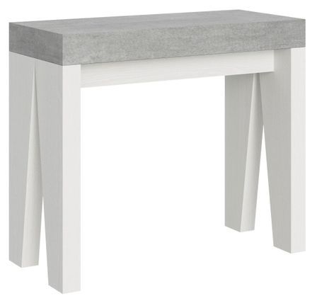 Console extensible bois gris béton pieds blanc 8 personnes 40 à 196 cm Naxo