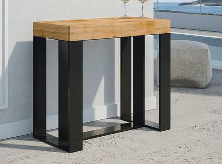 Console extensible pin massif teinté foncé et pieds métal anthracite 14 personnes 40 à 290 cm Vino