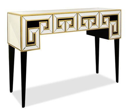 Console verre miroir argenté et pieds bois noir Nittia