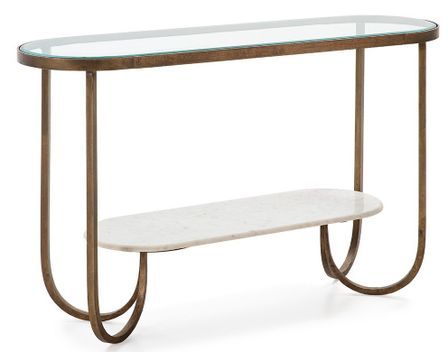 Console verre trempé marbre blanc et pieds métal doré Sia 122 cm