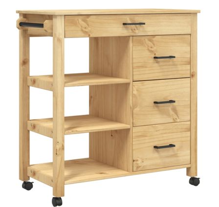 Desserte de cuisine en Pin massif Kitcha 84 cm - 4 tiroirs et 3 étagères