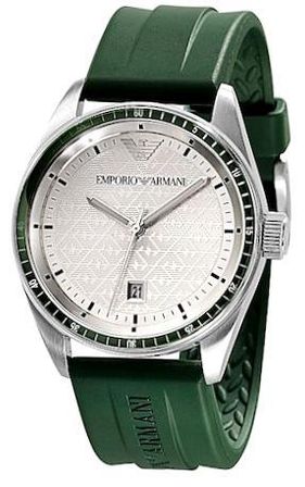 Emporio Armani Sport, S/s Case, Date, Silver Logo Dial, Forest Green Bezel & Strap, 43mm Wr 5atm AR0685