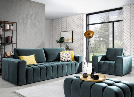 Ensemble 1 canapé convertible + 1 fauteuil + 1 pouf capitonné en velours LARKO