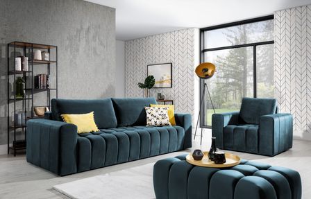 Ensemble 1 canapé convertible + 1 fauteuil + 1 pouf capitonné LARKO velours
