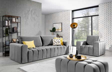 Ensemble 1 canapé convertible + 1 fauteuil + 1 pouf capitonné LARKO velours