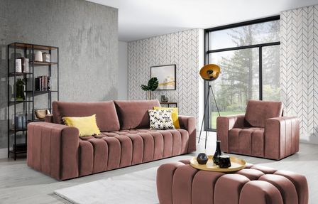 Ensemble 1 canapé convertible + 1 fauteuil + 1 pouf capitonné LARKO velours