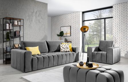 Ensemble 1 canapé convertible + 1 fauteuil + 1 pouf capitonné LARKO velours