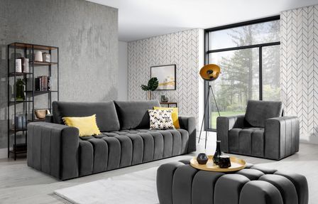 Ensemble 1 canapé convertible + 1 fauteuil + 1 pouf capitonné LARKO velours