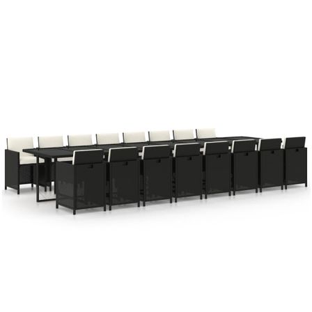Ensemble à dîner de jardin coussins 17 pcs Noir Résine tressée
