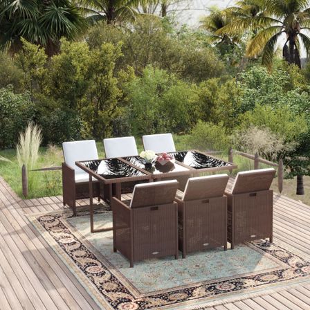 Ensemble à dîner de jardin coussins 7 pcs Résine tressée Marron