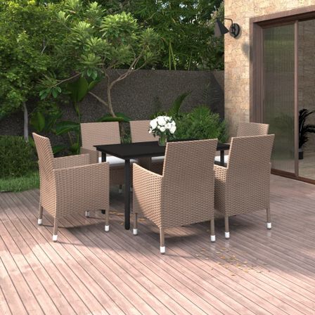 Ensemble à dîner de jardin coussins 7 pcs Résine tressée Verre