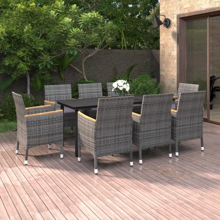Ensemble à dîner de jardin coussins 9 pcs Résine tressée Verre