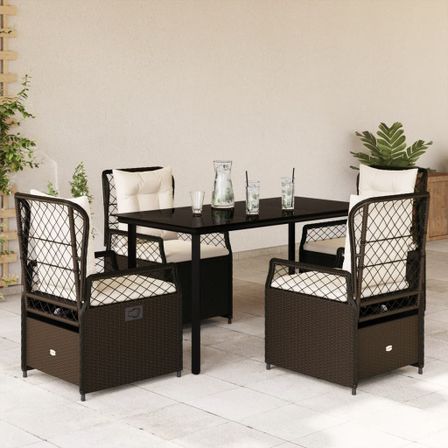 Ensemble à manger de jardin 5 pcs et coussins marron poly rotin