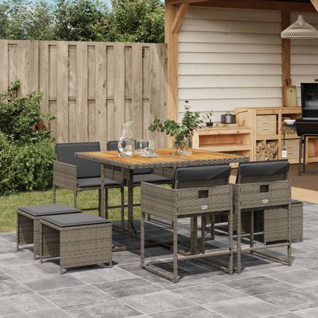 Ensemble à manger de jardin 9 pcs coussins gris résine tressée