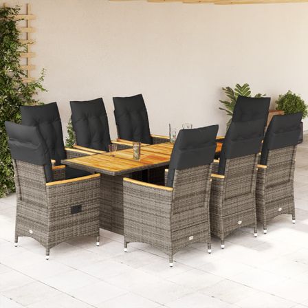 Ensemble à manger de jardin 9 pcs coussins gris résine tressée