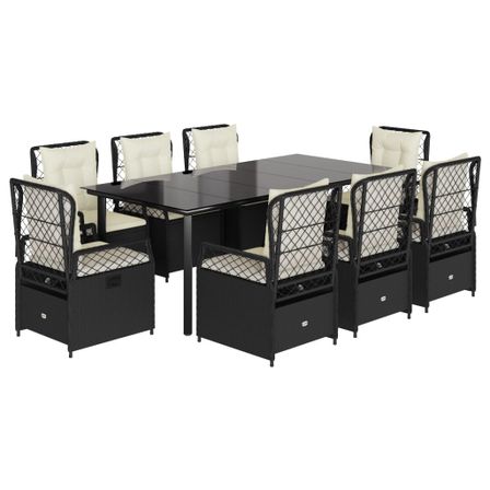 Ensemble à manger de jardin 9pcs coussins noir résine tressée