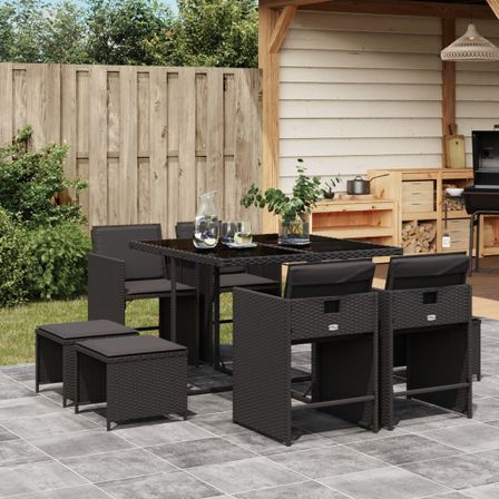 Ensemble à manger de jardin 9pcs coussins noir résine tressée