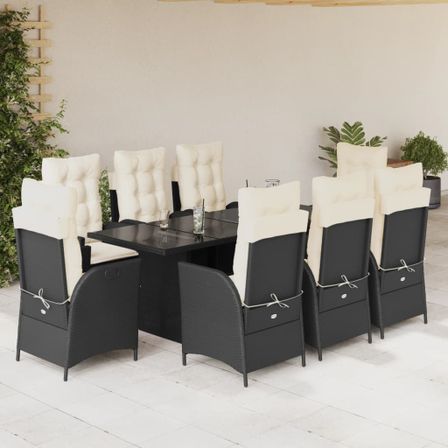 Ensemble à manger de jardin 9pcs coussins noir résine tressée