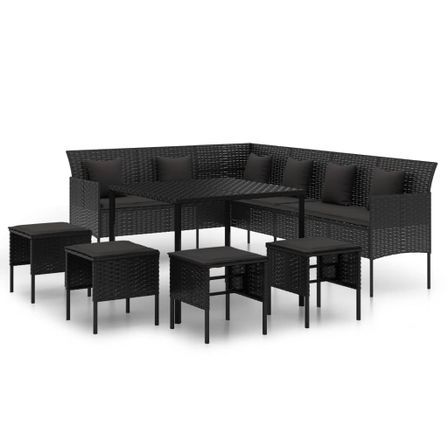 Ensemble à manger de jardin coussins 6pcs noir résine tressée