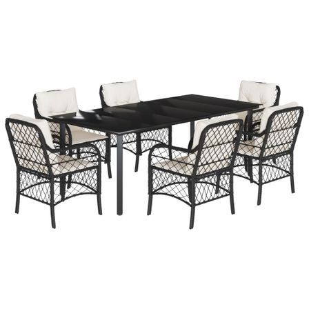 Ensemble à manger de jardin coussins 7pcs Noir Résine tressée