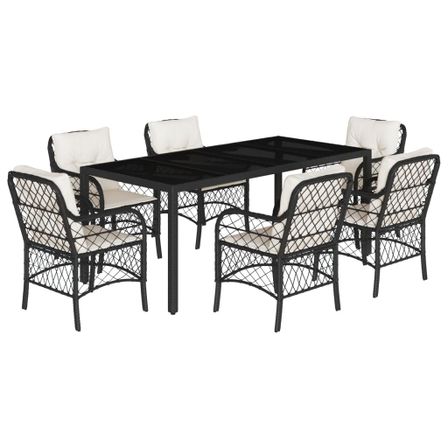Ensemble à manger de jardin coussins 7pcs Noir Résine tressée