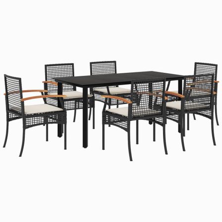 Ensemble à manger de jardin coussins 7pcs Noir Résine tressée