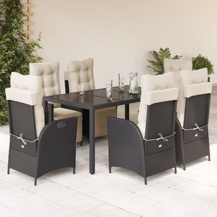 Ensemble à manger de jardin coussins 7pcs Noir Résine tressée
