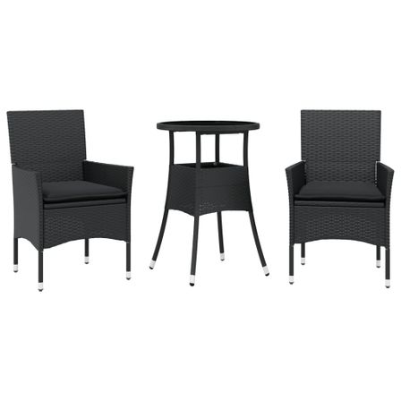 Ensemble à manger de jardin et coussins 3 pcs noir rotin verre